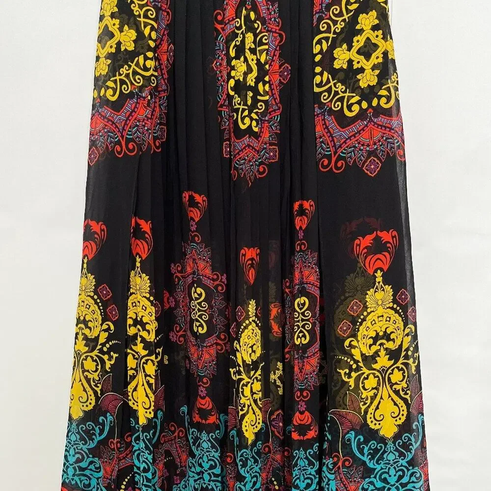 Bebe Maxi Skirt Pleated Chiffon Flowy Boho Colorful Bohemian Size 8 Black Multi